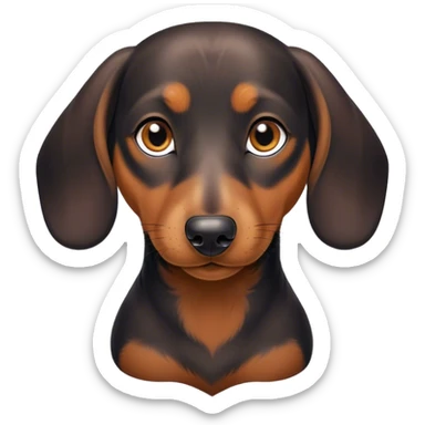 Cinematic Noble blablack and tanck and tan Dachshund Portrait Emoji, Poised and regal, with a long, low-slung build and a smooth, well-groomed black and tan coat, deep-set soulful brown eyes, Simplified yet sharp and sophisticated features, highly detailed, glowing with a soft, dignified glow, high shine, intelligent and determined, stylized with an air of charm, focused and attentive, soft glowing outline, capturing the essence of a watchful and confident companion, so majestic it feels as though it could slide out of the screen with effortless authority! sticker