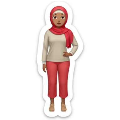 Heavy-set woman with medium-brown skin wearing a light red hijab, cream top, light red pants, tan shoes, and a visible gray below-knee prosthetic leg. Standing confidently with one hand on her hip sticker