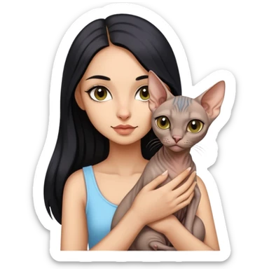 beautiful girl with long black hair holding a hairless sphinx cat sticker
