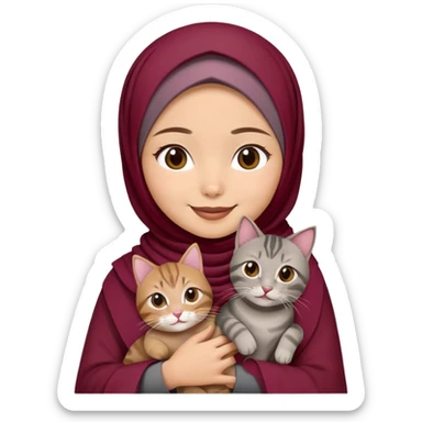 Asian white girl wearing  maroon hijab with dress holding a black grey tabby cat while smiling sticker