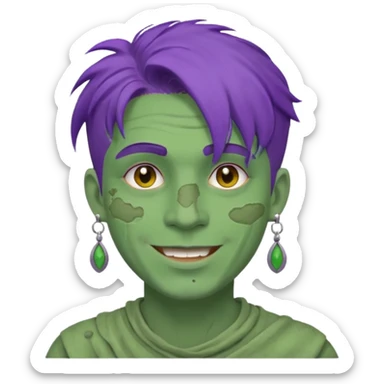 purple haired man with full full face dirty messy green clay mask and earrings happy  sticker
