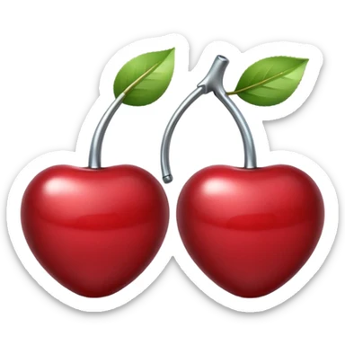A pair of cherries emoji made of polished silver chrome, smooth rounded shapes, glossy metallic finish, soft highlights and reflections, cute proportions, iOS emoji style, centered, clean white background, no text sticker
