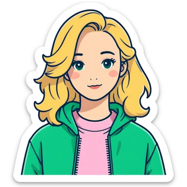 avatar of a girl with blonde wavy hair wearing a pink sweatshirt, sticker style sticker