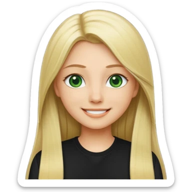 Long straight blonde hair with green eyes and black shirt smiling sticker