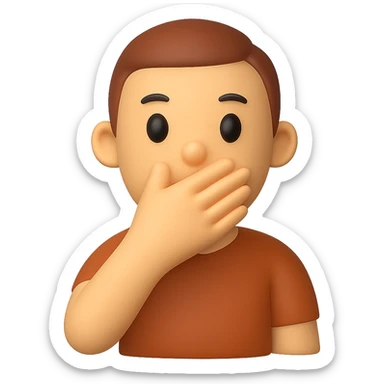 Create a 3D emoji style image of a man covering his mouth, matching the pose, color, shirt, and position of the reference image. The style should resemble Microsoft style 3D fluent emojis with a transparent background. sticker