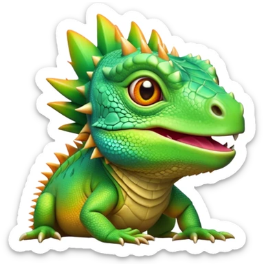 Cinematic Cute Iguana Portrait Emoji, Head tilted playfully and inquisitively, featuring a delightfully vibrant, textured body with a subtle spiky crest and large, sparkling eyes full of gentle wonder, Simplified yet irresistibly adorable features, highly detailed, glowing with a warm, inviting jungle glow, high shine, affectionate and lively, stylized with a touch of whimsical reptilian charm, soft glowing outline, capturing the essence of a mischievous yet loving iguana that seems as if it could scurry out of the screen into your arms! sticker