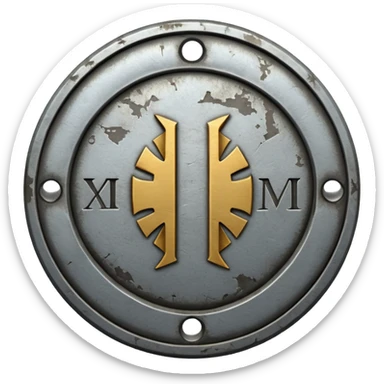 a steel badge with engraved roman numerals—looks battle worn sticker