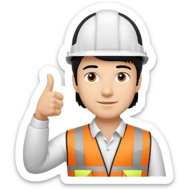 Una persona con pelo negro varon con casco blanco inginiero cilvil pulgar arriba sticker