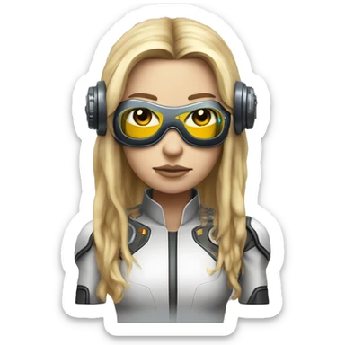 Brown long hair with blonde steaks female cyborg head, fair skin, space age goggles and circuits sticker