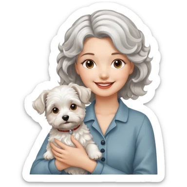 silver, short, wavy-haired with loose curls, smiling pretty lady holding a westie dog and a lhasa apso dog sticker