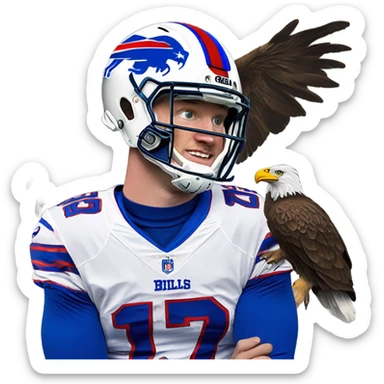 Josh Allen wearing bills jersey on a buffalo with an eagle head sticker