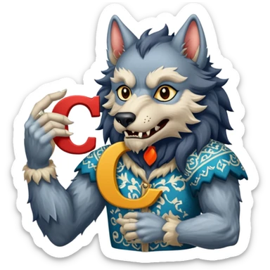 a werewolf hand holding the letter c make the c made out of persian carpet texture sticker