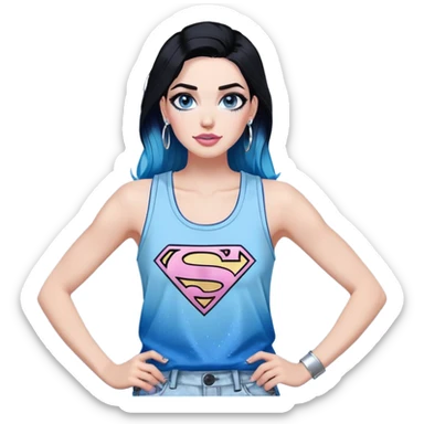 Tall-Large upper body-very excited-very-beautiful-face-white ripped cargo pants-light-pink-lips-very long-very-straight-dark-blue-ombre-hair-and-blue-eyes-thick-black-eyeliner-thick-long-eyelashes-sky-blue-superman-tank-top-with-glitter-and-silver-hoop-earrings sticker