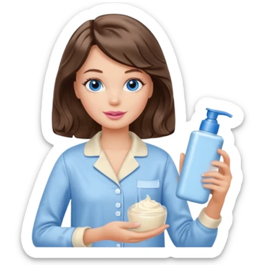 Barbie girl with makeup, blue eyes , and bob long haircut wavy, short brown hair in creamy color pajamas, face cream in hand sticker