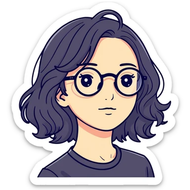 Wavy hair, round face with a black spectacle  sticker