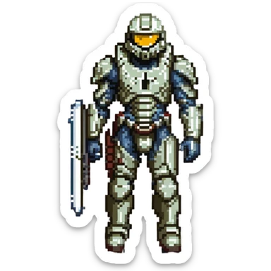 male Halo Spartan nomad with battle-worn armor and scavenged equipment sticker