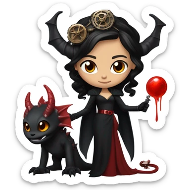 Lavish black evening gown with see-through gloves, Jenna Ortega as Addams girl Jedi wearing a steampunk mini tiara, very large blood red evil-looking horned dragon sticker