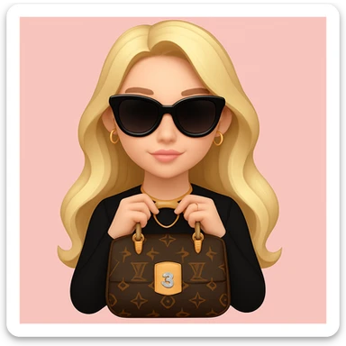 Add stylish black sunglasses and gold jewelry including earrings and a necklace to the girl. Keep the pink background and outfit unchanged. Maintain the original style and details of the girl while adding these accessories. sticker