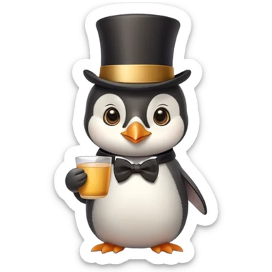 Cute baby penguin holding a cup of tea, a top hat, an elegant bowtie and a gold monocle sticker