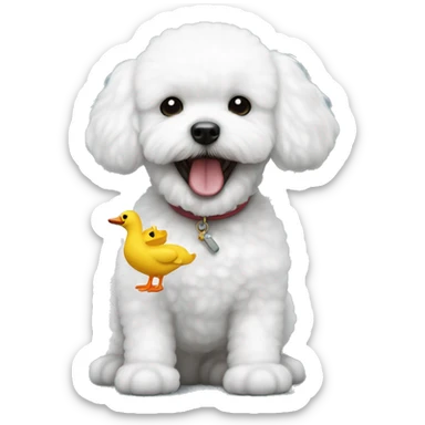 white bichon frise holding a toy duck in its teeth sticker