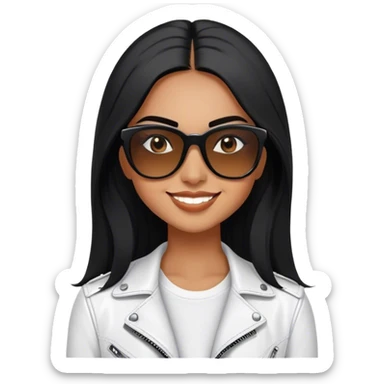 beautiful fit woman, with long straight black hair, with make up, black eye liner, smile mooth close, mexican, brown skin, wearing white tee, wearing leather black jacket, solar wayfarer on the tip of the nose, flirting sticker