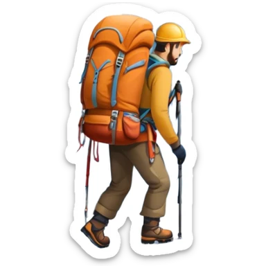 Icon for Mountain Tourism and Climbing: a mountain peak in the background, climbing gear and backpack. The icon should capture the adventure and challenge of alpine exploration. Transparent background. sticker