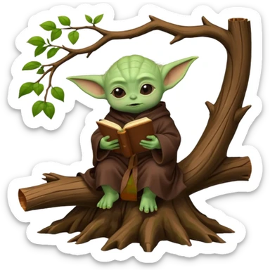 Baby Yoda con su tunica chocolate leyendo en un bosque sentado en una rama caida de un arbol sticker