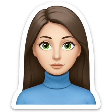 43 year old Adult woman avatar, light skin tone, long, oval face, long straight ashy brown hair, green almond-shaped eyes with dramatic eyelashes and minimal eyeliner, neutral mouth, medium straight eyebrows, average nose, smooth skin,  sky blue turtle neck  sticker