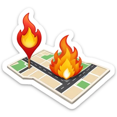 A map location pin marker on fire with flames coming out the top sticker