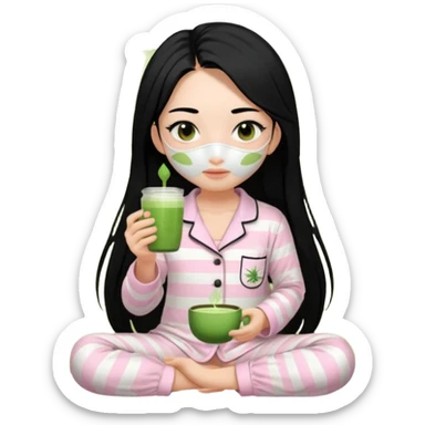 chica de pelo lacio color negro cabellera larga piyama blanca con rayas rosa claras peo no tan claras no oscuras el bordado es negro al igual que los botones )tiene una mascarilla para la cara una mascarilla faciial blanca y sostiene un matcha  y es de test blanca  sticker