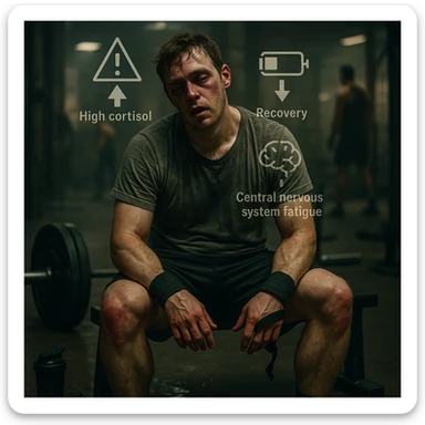 Cinematic raw style image of a 30-year-old man with a sweat-soaked t-shirt collapsed on a bench in a dimly lit industrial gym. Expression of total exhaustion: half-closed eyes, pale and reddened face, deep dark circles. Muscles visibly inflamed, red tendons on knees and elbows. Around him: loaded barbell abandoned, protein shaker on the floor, half-removed wristbands. Sweat dripping on the floor. Background: industrial gym with blurred figures continuing to train. Overlaid symbols: high cortisol, low recovery, central nervous system fatigue. Muted colors, dramatic lighting emphasizing fatigue and overtraining. sticker