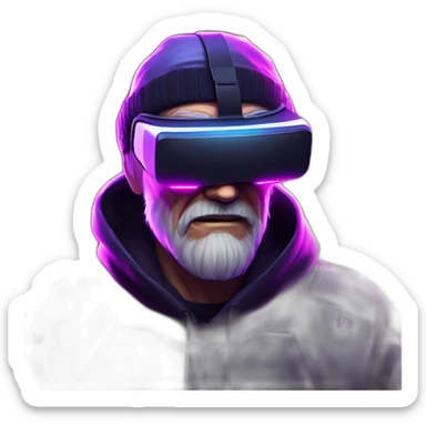 Russian old man wearing a black hoodie with "OMG" letters on it and VR headset in a cyberpunk VR environment with violet neon lighting. sticker