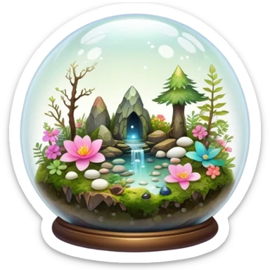 Sparkly shiny iridescent Mystical woodland glass-dome-terrarium-globe with moss inside, with marbles, with pebbles, crystals, with bones inside, and flowers inside  sticker