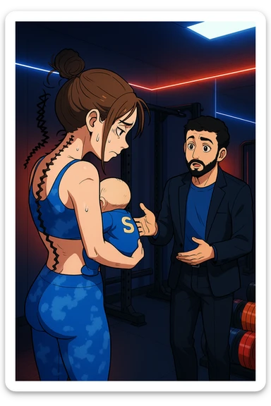 ispirati a questo stile di disegno e fai questa immagine in versione manga/webtoon a colori, il manga mostra la donna preoccupata di profilo con la postura sbagliata e incurvata, spalle chiuse e curve in avanti, con un neonato in braccio con una tutina azzurra e la scritta "S" sulla schiena, spina dorsale storta della donna in evidenza mentre ascolta l'uomo mentre l'uomo gli sta spiegando una cosa, ma non fare i fumetti, fai come se stessero parlando sticker