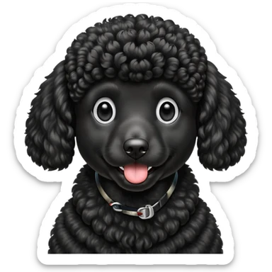 A high-resolution digital illustration of a black poodle in a clean, semi-realistic style. The poodle is shown from the chest up, facing forward with a slight tilt of the head to the left, tongue out playfully. sticker