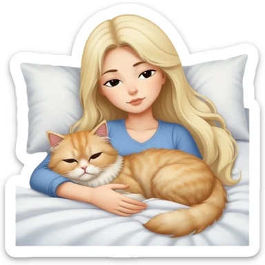 pretty girl with dark long hair sleeping with blonde fluffy  persian cat in bed sticker