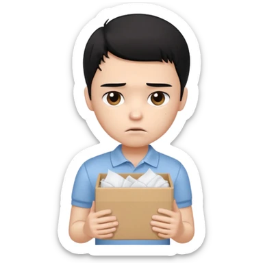 generate a pretty bratz boy with black hair, wearing a plain white polo shirt. Looking sad, holding a box of tissues in his right hand sticker