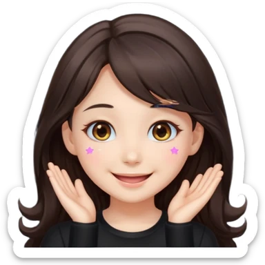 kawaii streamer girl, brunette, brown eyes, long dark hair, black outfit, smiling, sparkling eyes, blushing cheeks, happy expression, small stars around, emoji icon sticker