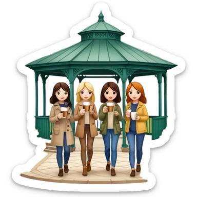  4 Girls walking with coffee by gazebo in early spring  sticker