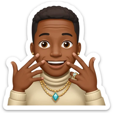 Giggling black man with jewelry covering his mouth with his right hand with one thumb and four fingers only sticker