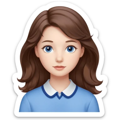 Realistic Student Portrait, with porcelain-like skin featuring a natural rosy flush, illuminated by soft lighting that highlights the gentle contours of her face. Her Brunette hair flows in soft, Her deep blue eyes radiate warmth and innocence,  wear light blue preppy style. sticker