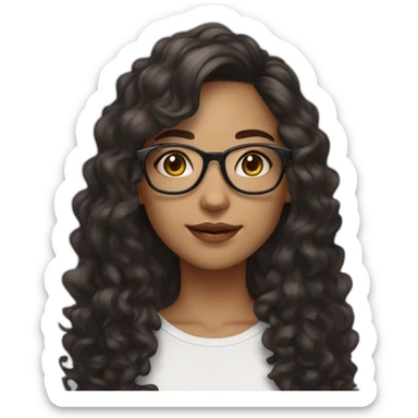 a girl white skin with big glasses with long dark brown curly hair and skin clear with street wear sticker