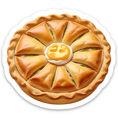 Cinematic Realistic Burek sa Sirom Dish Emoji, showcasing a flaky pastry filled with cheese rendered with crisp textures and appetizing, warm lighting. sticker