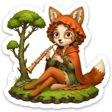 forest sticker character, woman with curly brown hair dressed as fox bard, tail cloak and ear hood, sitting on moss playing flute sticker