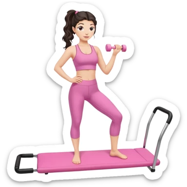 european white woman with dark wavy hair in ponytail using a pink set doing pilates sticker