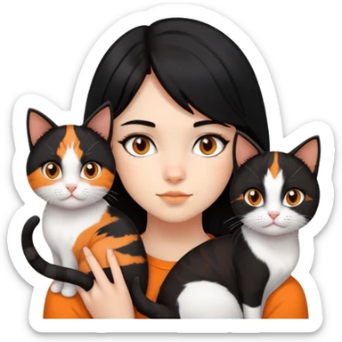 teenage girl with black hair with brown highlights with two cats that are tri-colored (black, orange, and white) sticker