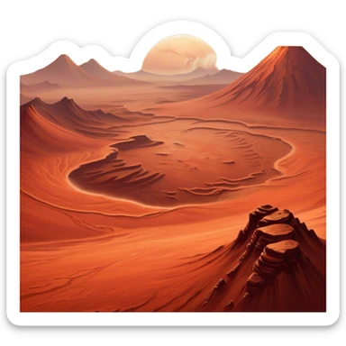 🔥 Cinematic Realistic Mars – A striking, high-resolution image of the Red Planet, featuring its iconic rust-colored terrain, deep canyons, and towering volcanoes. Swirling dust storms can be seen in the thin Martian atmosphere, with sunlight casting long shadows over its desolate, rocky landscape. sticker