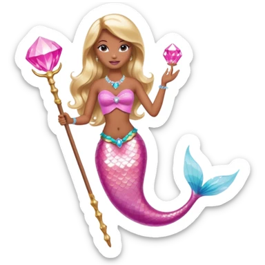 Brown skin blonde hair barbie mermaid with pink diamond tail and wand  sticker