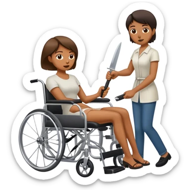 Mujer con cuchillo en la mano, empujando un hombre en silla de ruedas sticker