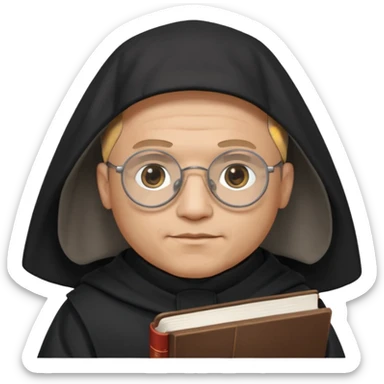 Monk priest prayer black habit with hood round black glasses done light brown wavy hair under hood remove the medallion smaller more round glassed age 46 no necklace more oval face hand holding book that says RB 480 top left is great add a little hair brown gray under hood  sticker